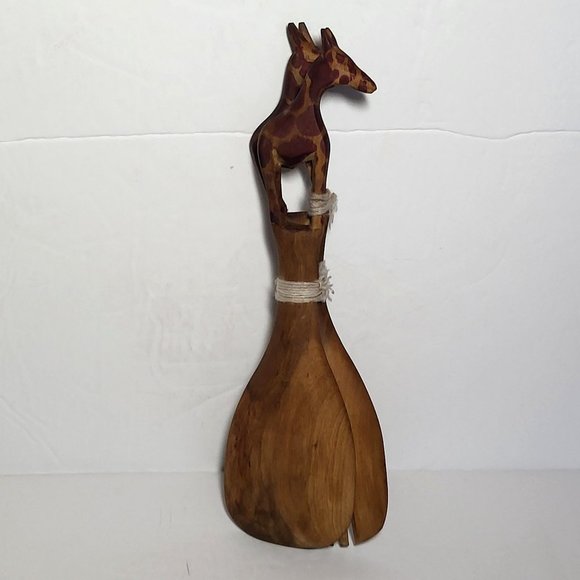VTG Wooden Giraffe Wooden Salad Serving Set Fork and Spoon Hand Carved - Picture 12 of 12